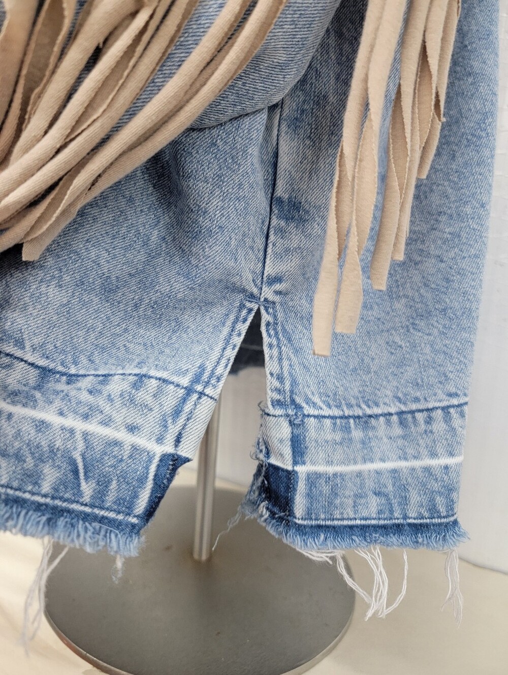 Western Denim Fringe Pullover Tunic Shirt Jacket with Western Cat - Upcycled - Picture 9 of 10